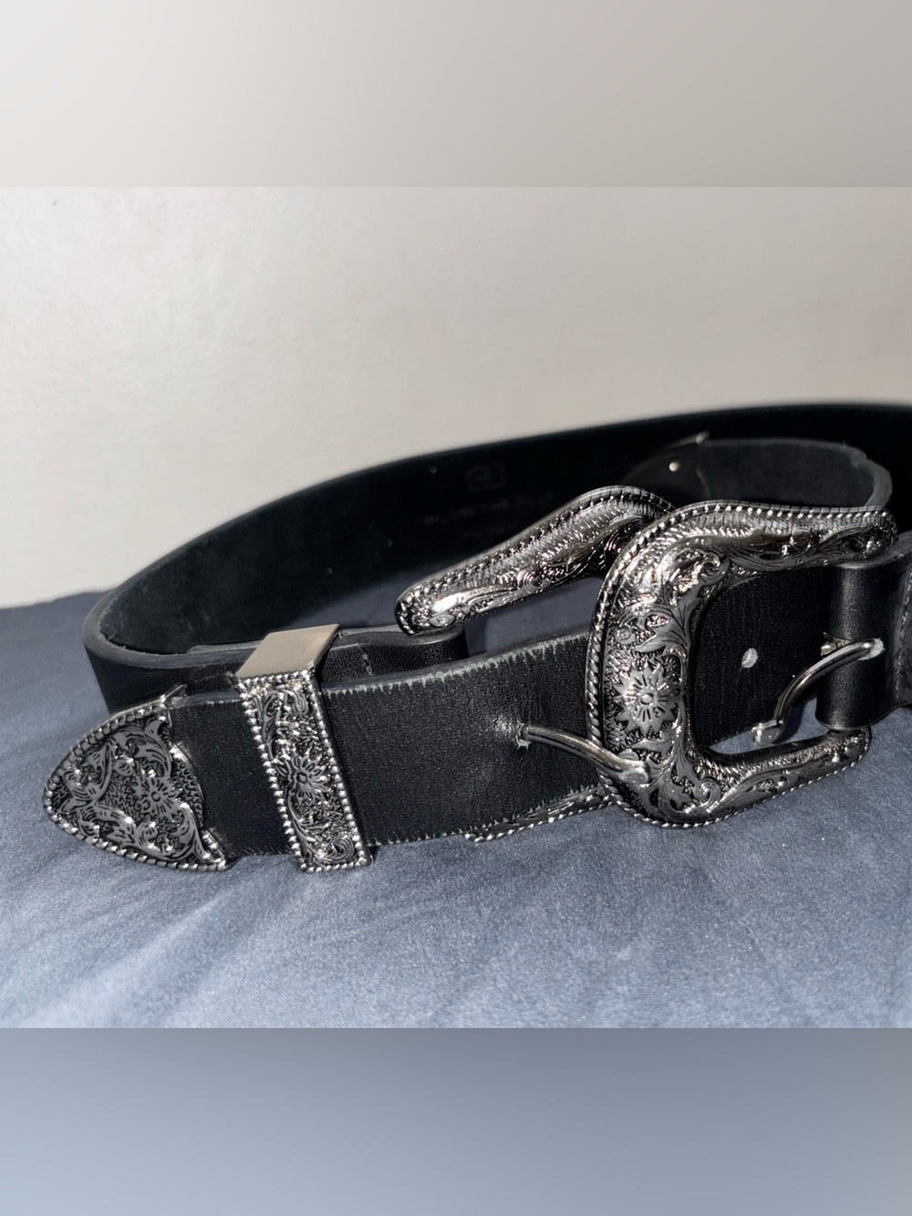 B-Low the Belt Black Leather Western Buckle Belt with Ornate Silver Hardware